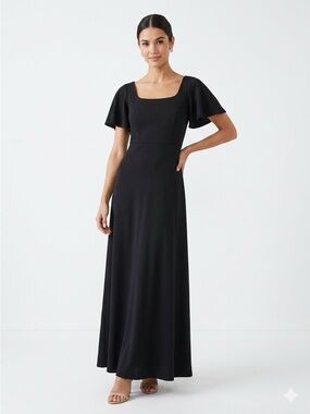 Formal Fashions Square-Neck Black Flutter Sleeve Maxi Dress Size 6